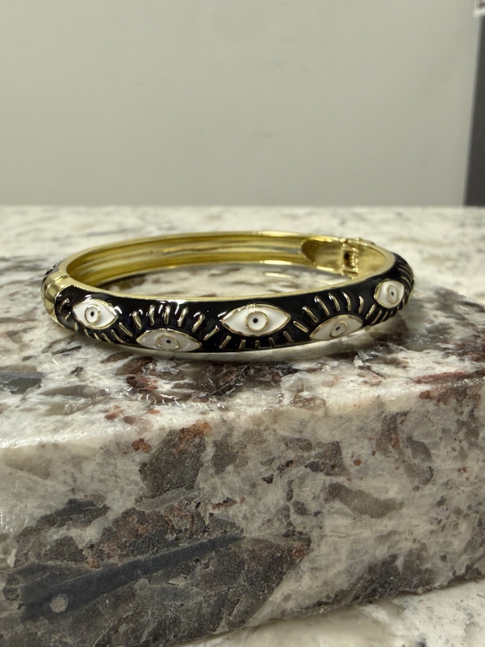 Gold-Tone Black Enamel Evil Eye Bangle Bracelet